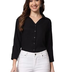 FUNDAY FASHION Women's Crepe Regular Fit Solid V Collered Casual Shirt